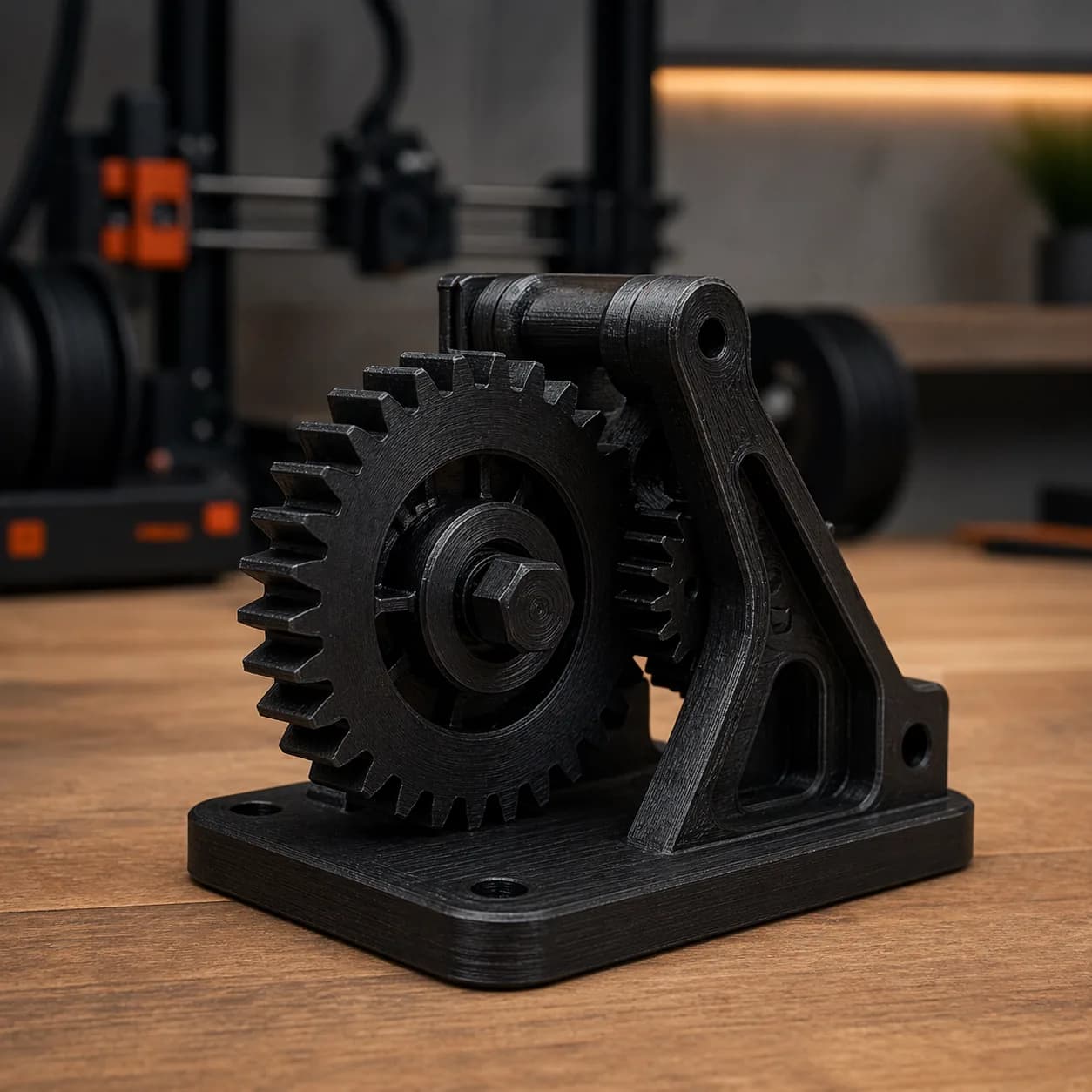 Engrane industrial de plastico negro impreso en 3D.